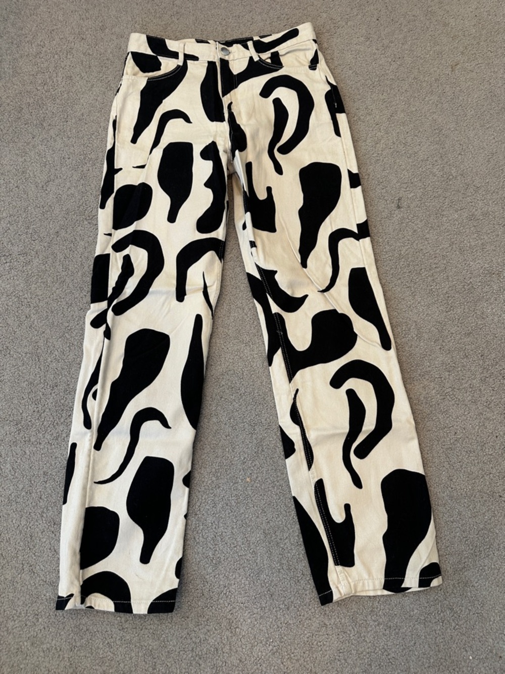 Monki Black and White Abstract Straight-Leg Pants